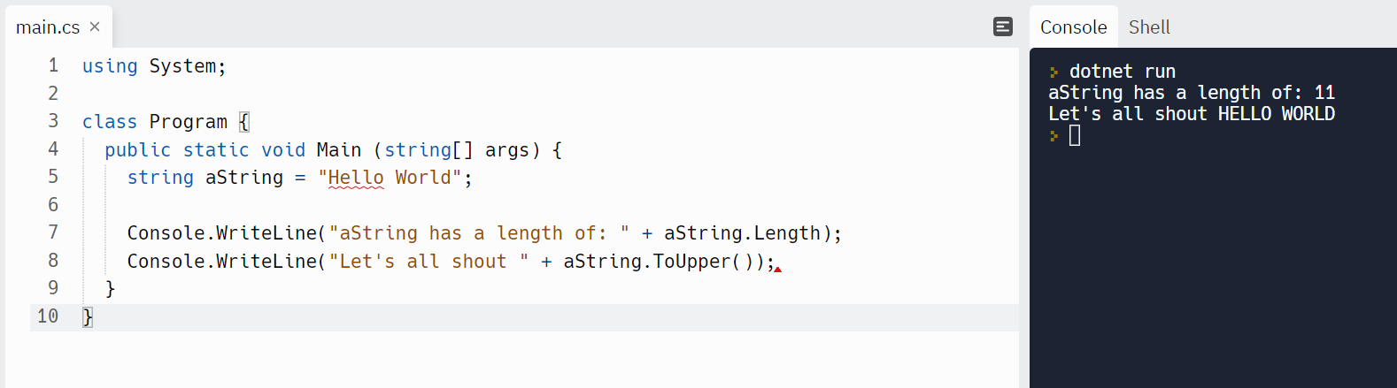 Code snippet showing the string property Length and Method ToUpper()